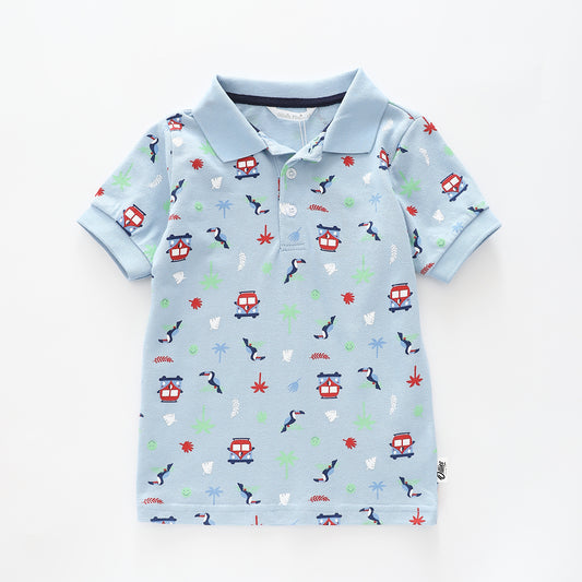 Boy's Sky Blue Polo Shirt With Jungle Combi Van Print