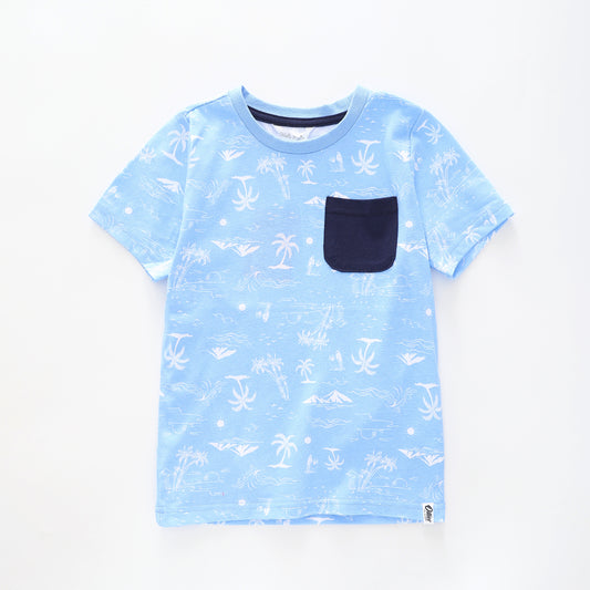 Boy's Blue T-shirt With Pocket and Palm Tree Print