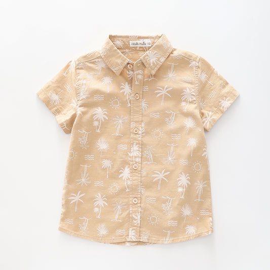 Boy's Beige Button-down Shirt With Palm Tree Print