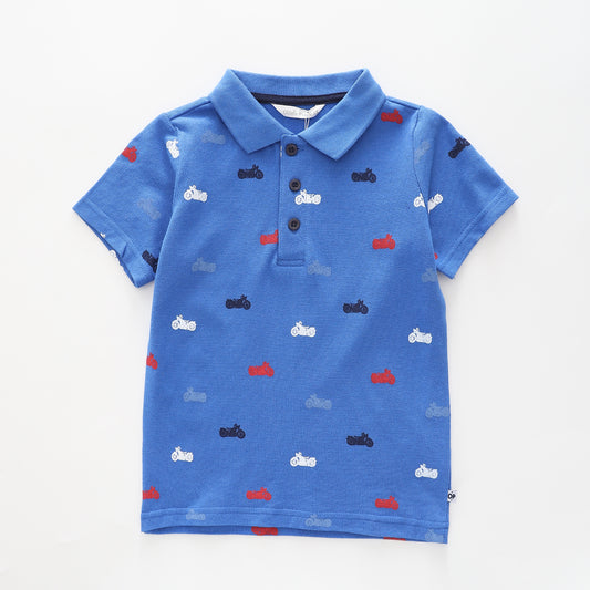 Boy's Royal Blue Polo Shirt With Motorcycle Print