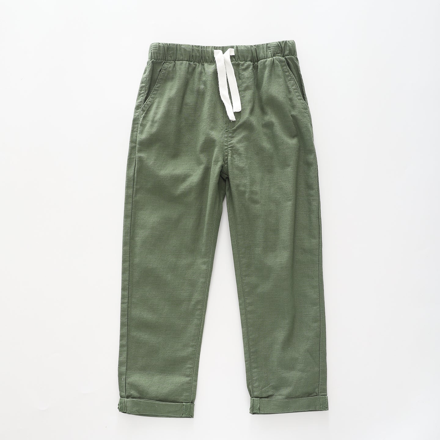 Boy's Khaki Green Linen Pants With Drawstring Waist