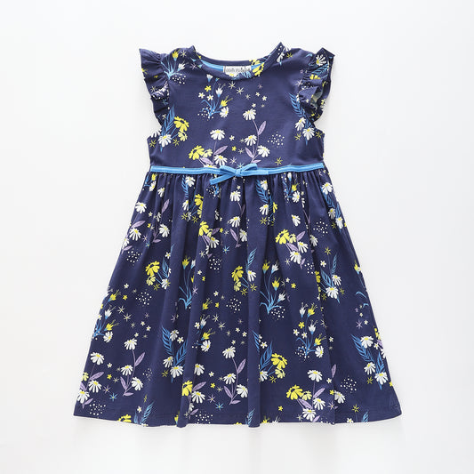 Girl's Navy Blue And Yellow Floral Dress