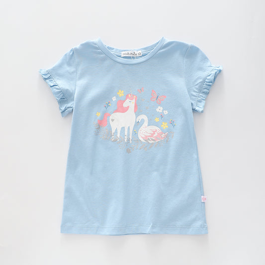 Girl's Pastel Blue Unicorn And Swan T-Shirt