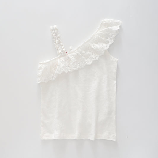 Girl's White Broiderie Anglais Asymmetrical Top