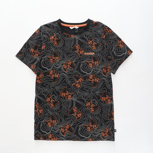 Boy's Black And Orange T-shirt With Gaming Print
