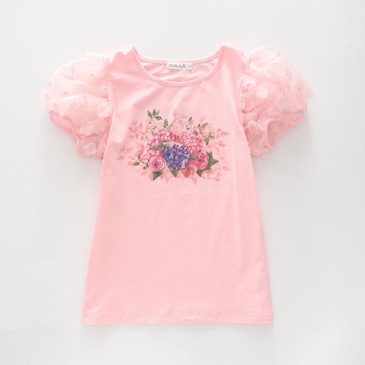 Girl's Floral Pink Tulle Shoulder T-Shirt