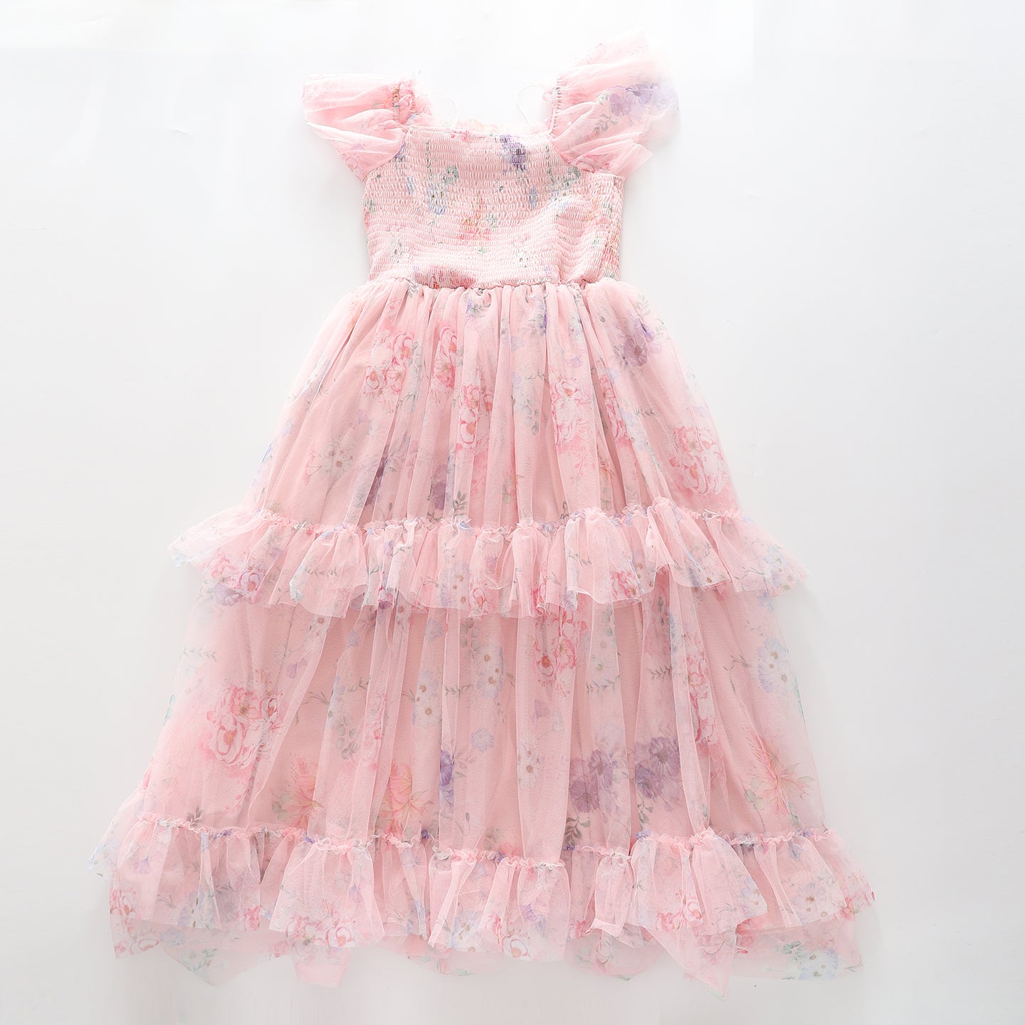 Girl's Chiffon Pink Floral Tiered Party Dress