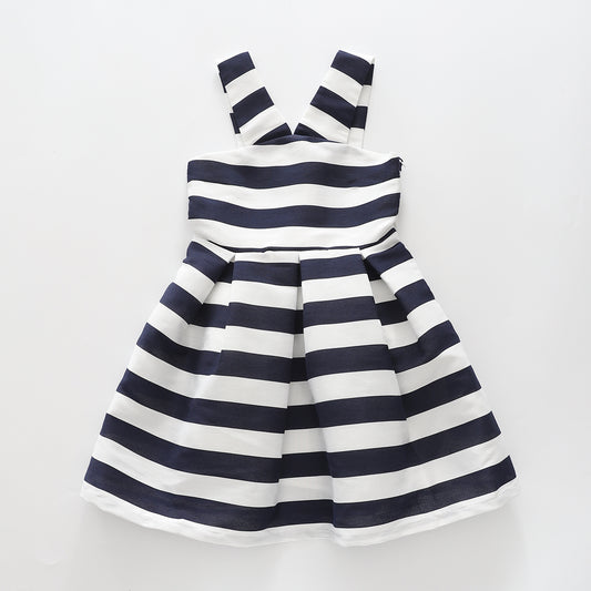 Girl's Blue and White Striped Peacoat Pleated Party Dress