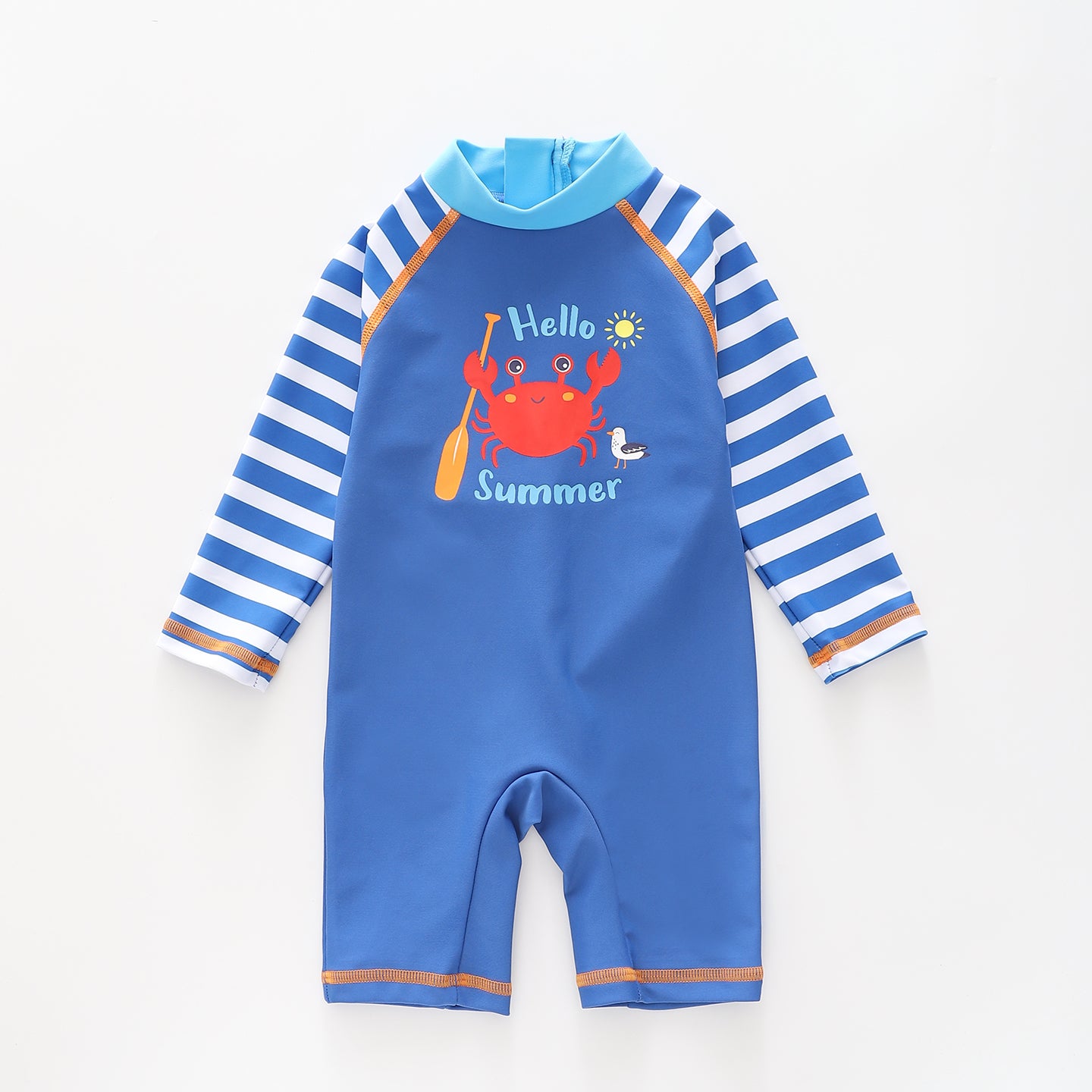 Boy's Blue Striped 'Hello Summer' Crab Print One Piece Swimsuit