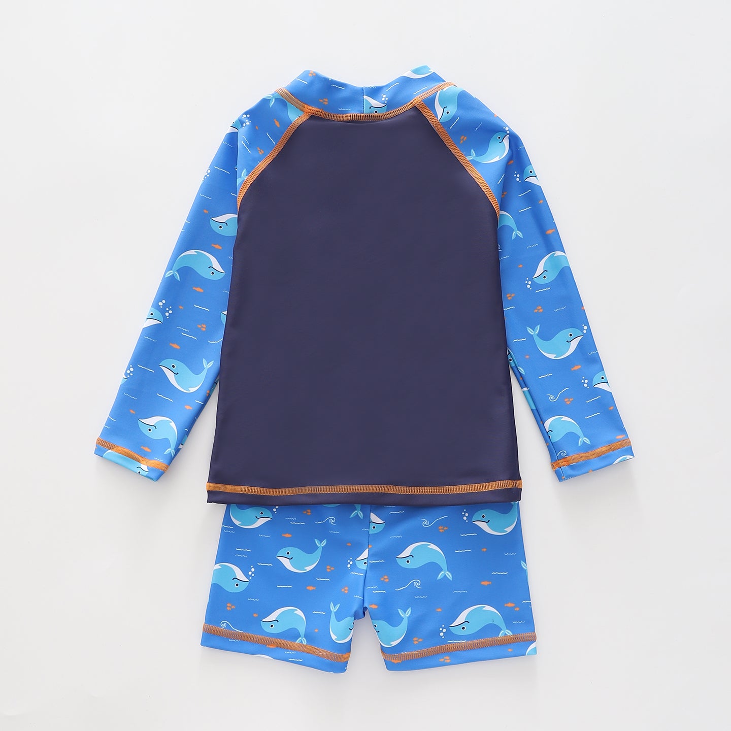 Boy's Blue and Orange Whale Print Two Piece Swimsuit Set