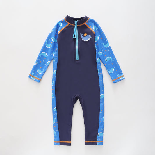 Boy's Blue Whale Print Long Sleeve And Leg One Piece Swimsuit