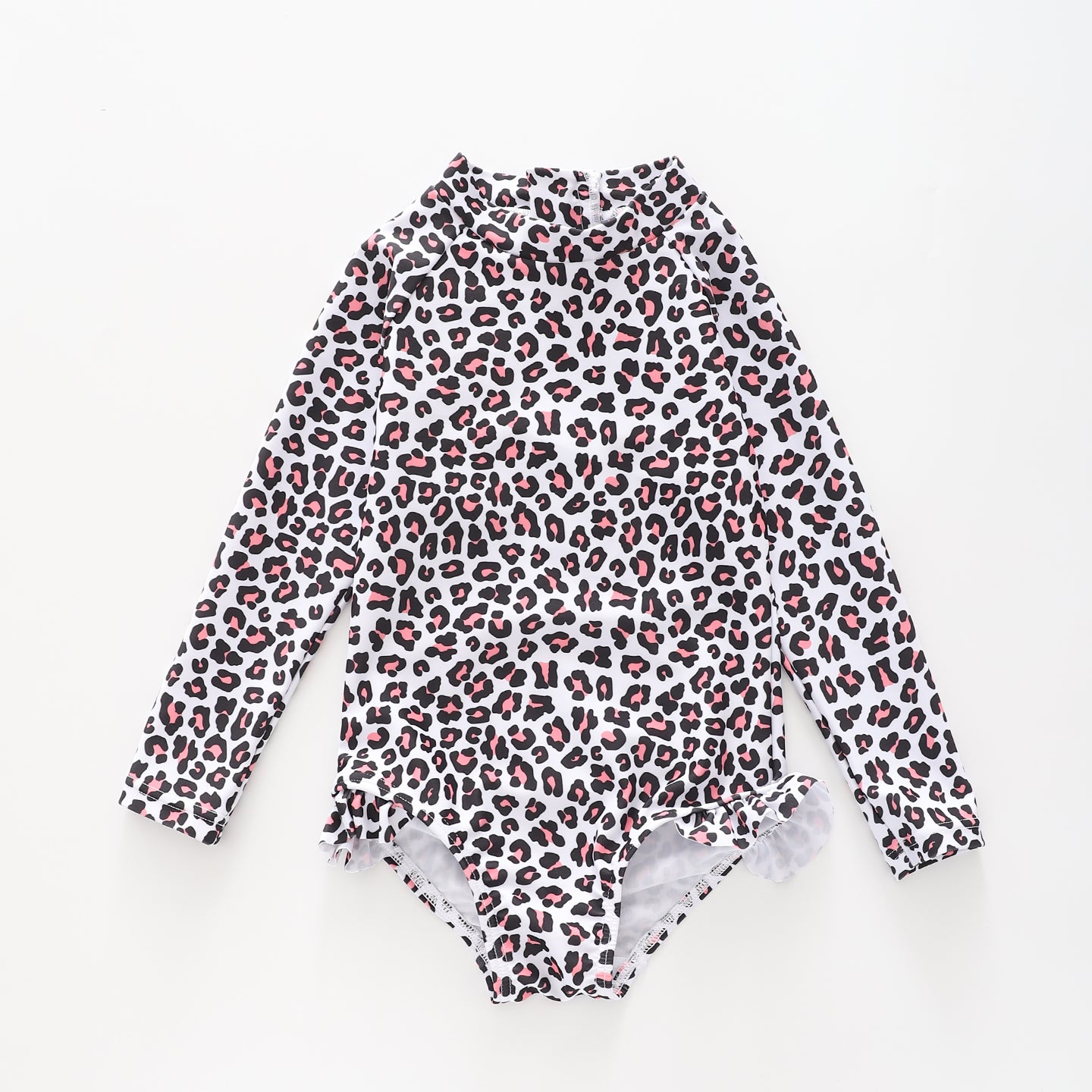 Girl's Pink Leopard Print One Piece Long Sleeve Swimsuit