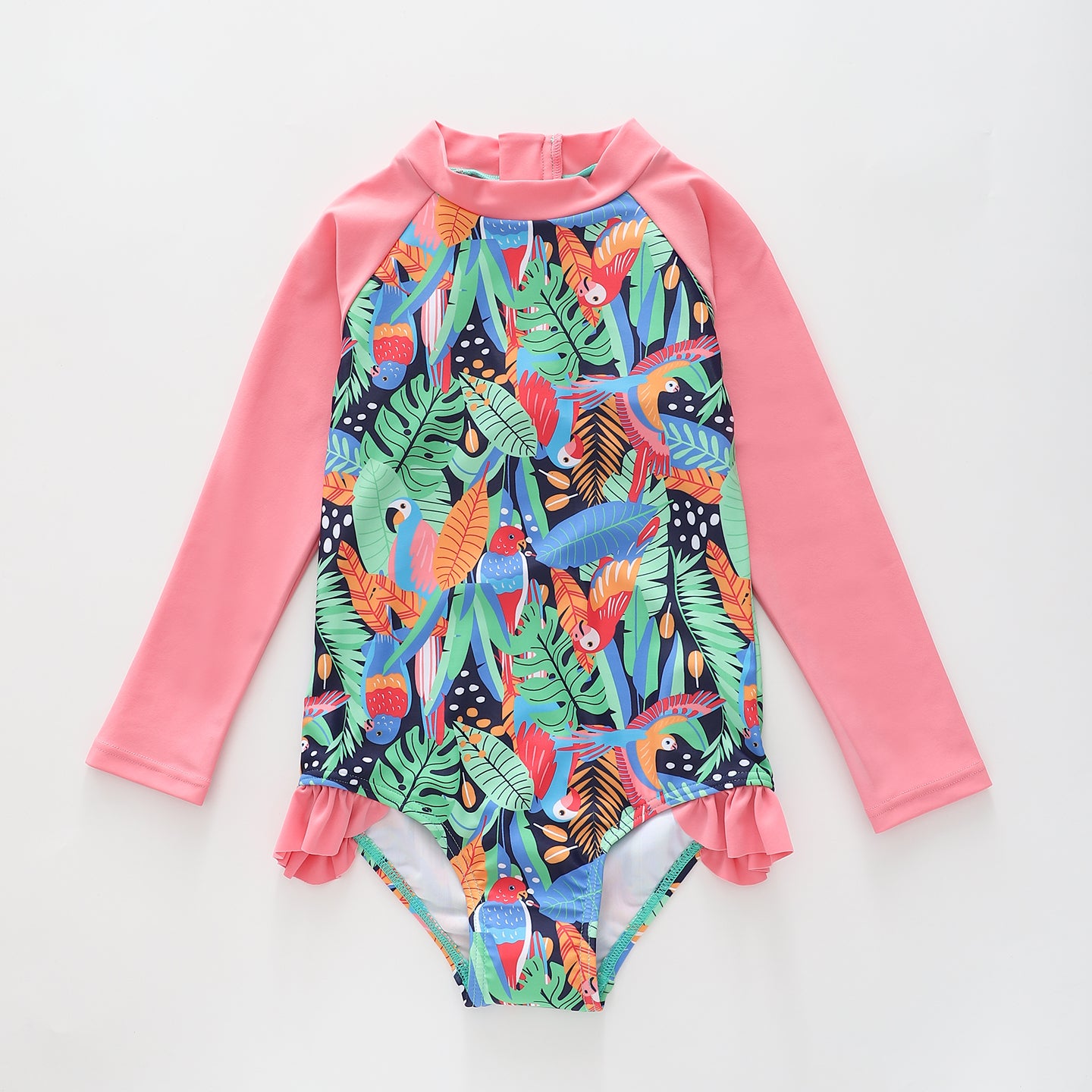 Girl's Jungle Print Pink and Green Long sleeve One-piece Swimsuit