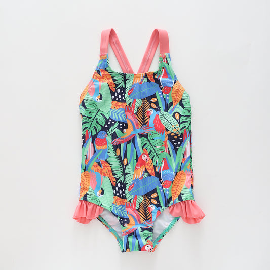 Girl's Jungle Print Pink and Green One-piece Swimsuit