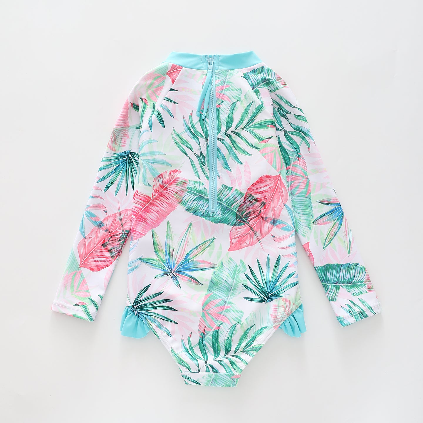 Girl's Blue, White, and Green Tropical Long Sleeve One Piece Swimsuit