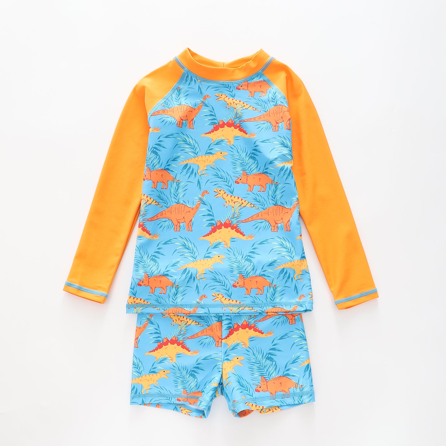 Boy's Blue and Orange Dinosaur Print Two Piece Swimsuit Set