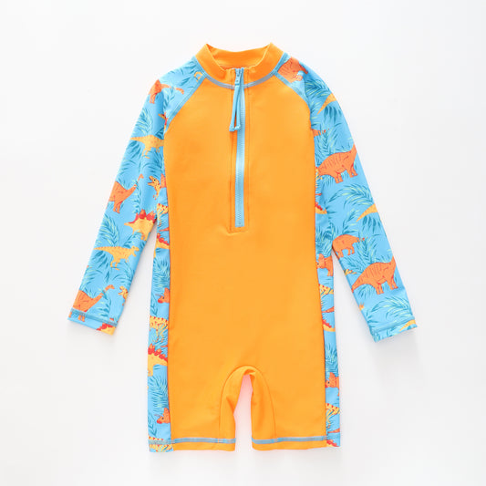 Boy's Blue and Orange Dinosaur Print Long sleeve Swimsuit