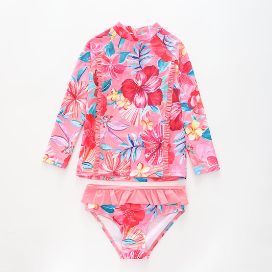 Girl's Painted Floral Pink Two Piece Swimsuit Set