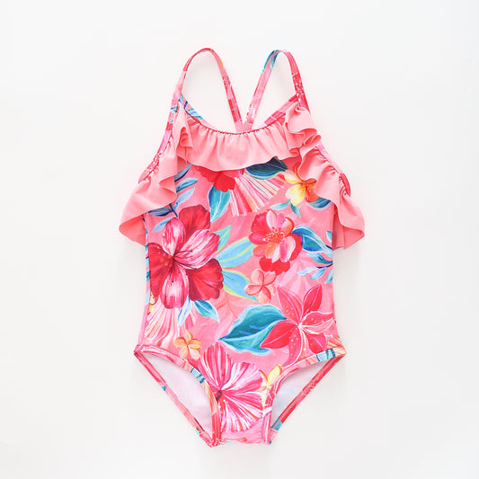 Girl's Pink Painted Floral One-piece Swimsuit