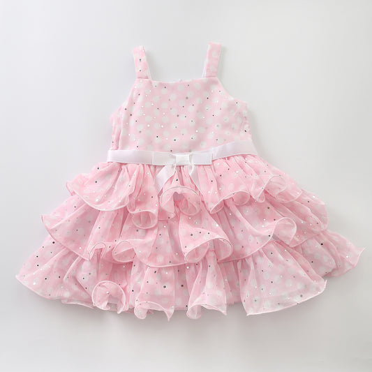 OSJG7124 Junior Girls Pretty Pink Special Occasion Layered Chiffon Dress With Pola Dots